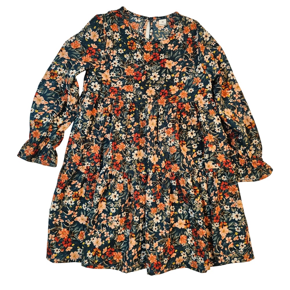 Girls Navy Blue Orange Floral Long Sleeve Tiered Ruffle Dress Size 7Y